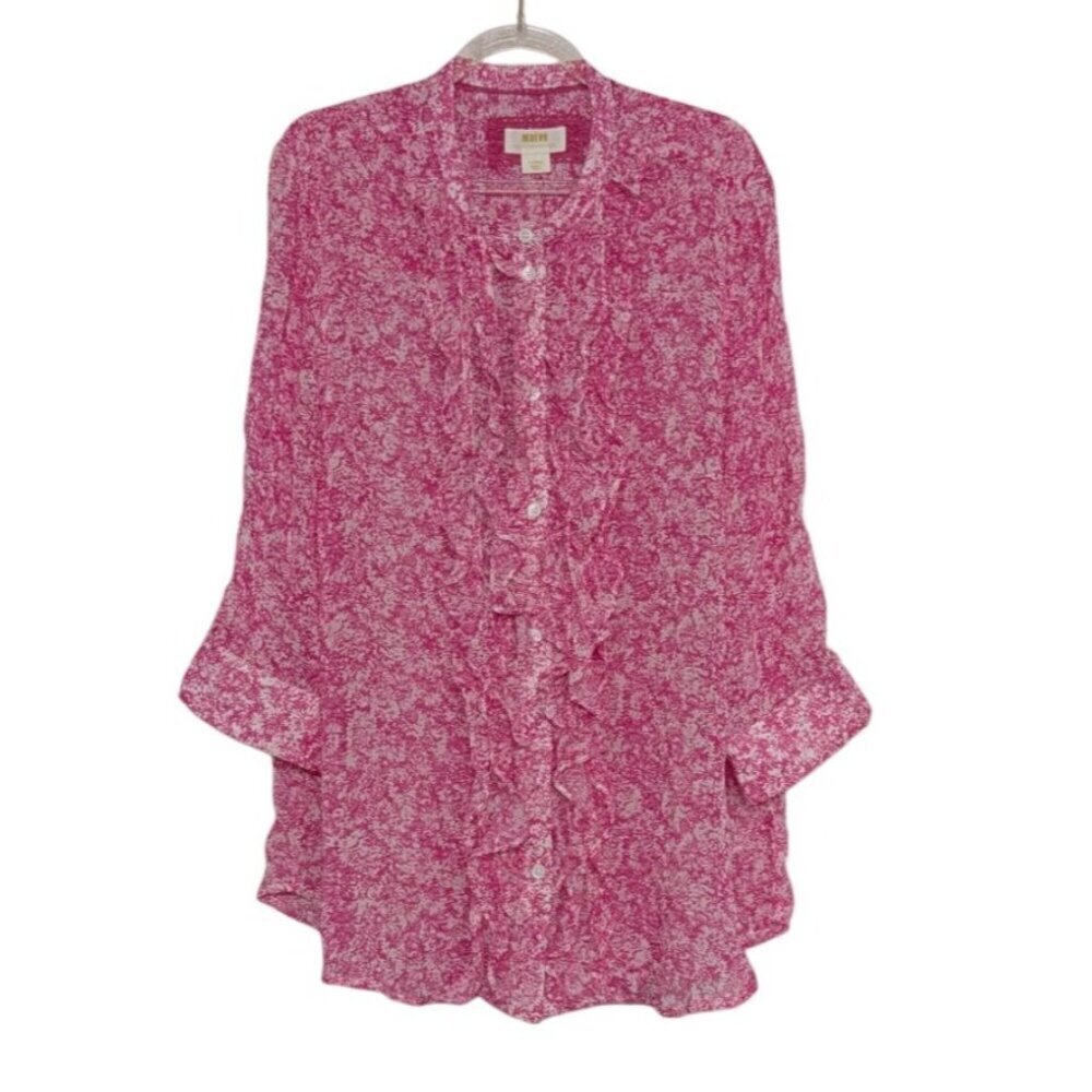 Maeve Ruffle Sheer Shirt Womens Size Large Pink Long Sleeve Button Front
